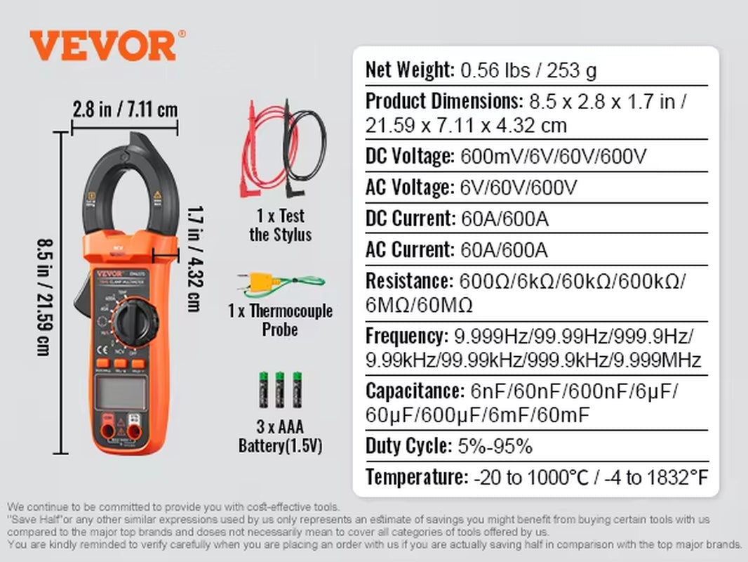 Digital Clamp Meter T-RMS 600A/1000A Clamp Multimeter Tester AC/DC Current & Voltage Resistance W/NCV for Home Appliance
