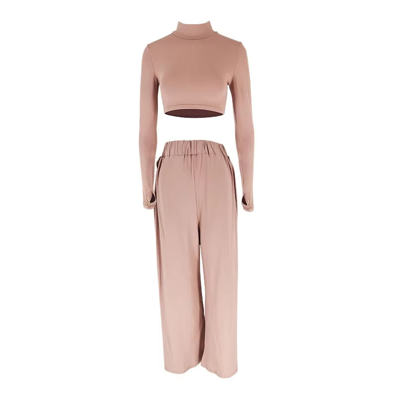 Autumn Winter Top Pants Solid 2 Piece Women New Streetwear Fashion Half High Collar Long Sleeves Tees Casual Slim Split Trousers