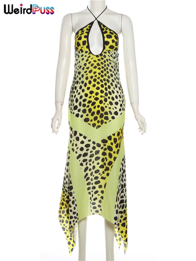 Leopard-Print Halter Dress Woman Summer Irregular-Hem Backless Chiffon Patchwork Trend Two-Way Wear Sexy Chic Bodycon