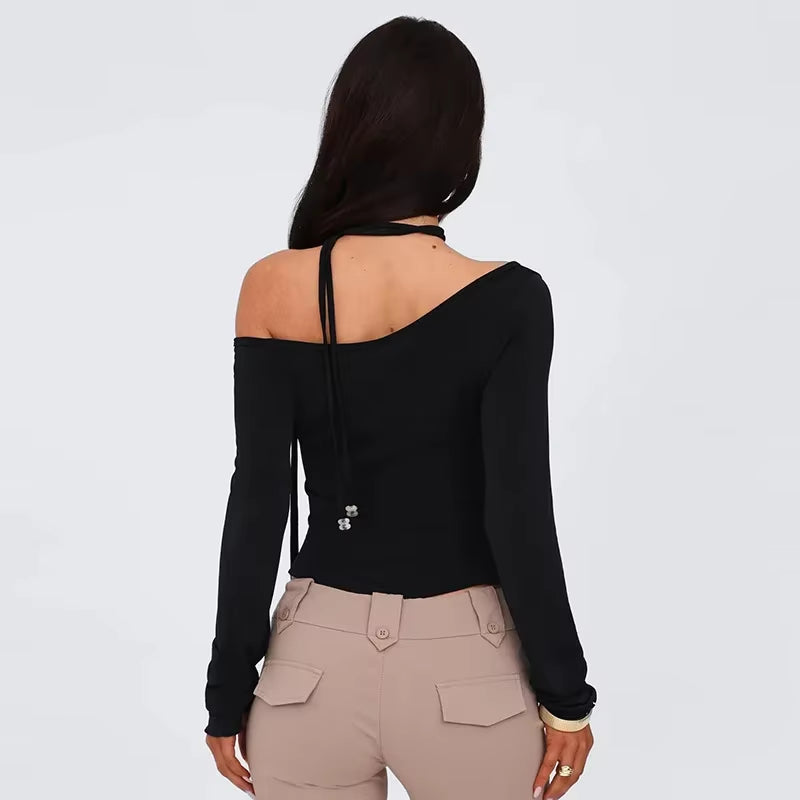 Autumn Winter One Shoulder Crop Top Outfits Long Sleeve T-Shirts Women Y2K Streetwear Backless Skinny Tee Shirt Femme Tops Gift