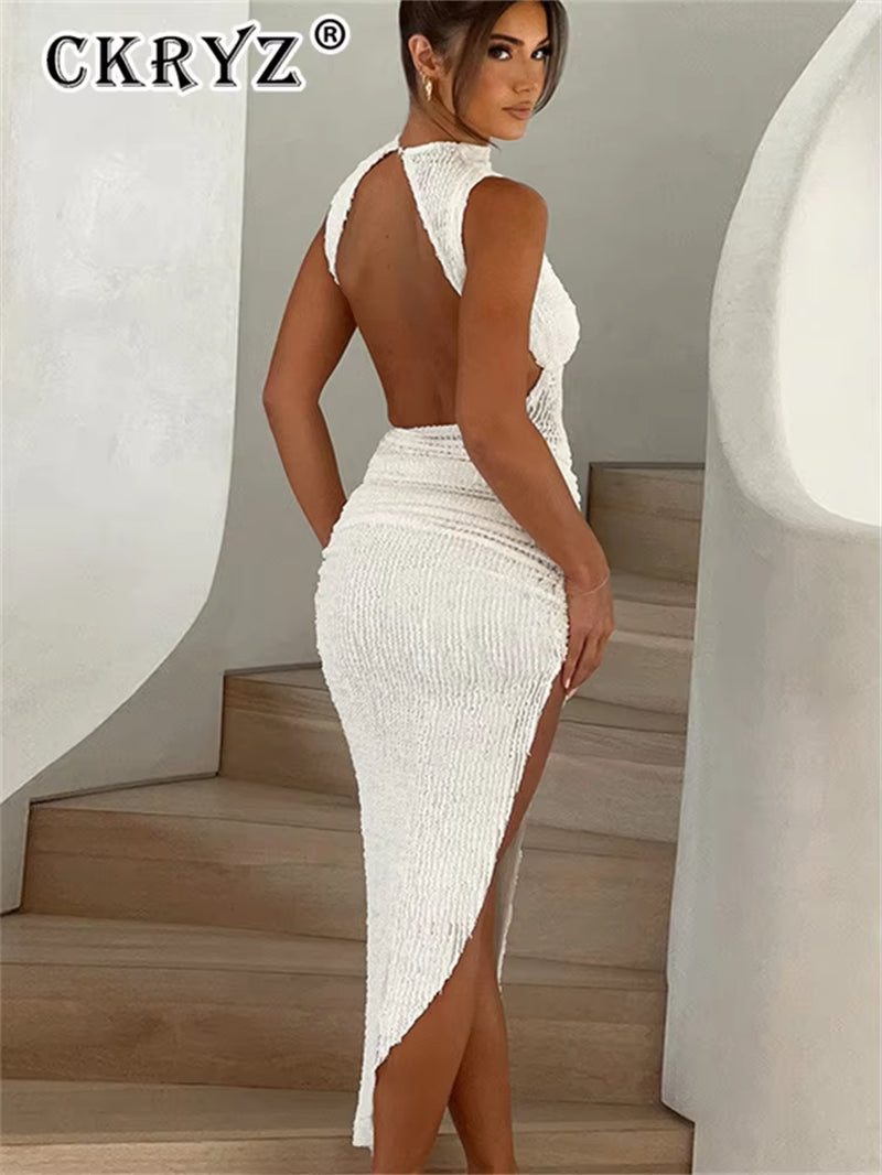 Ladies Elegant Evening Party Dress Women Sleeveless Backless Side Slit Bodycon Ruched Maxi Dresses Club Streetwear Fall Outfits