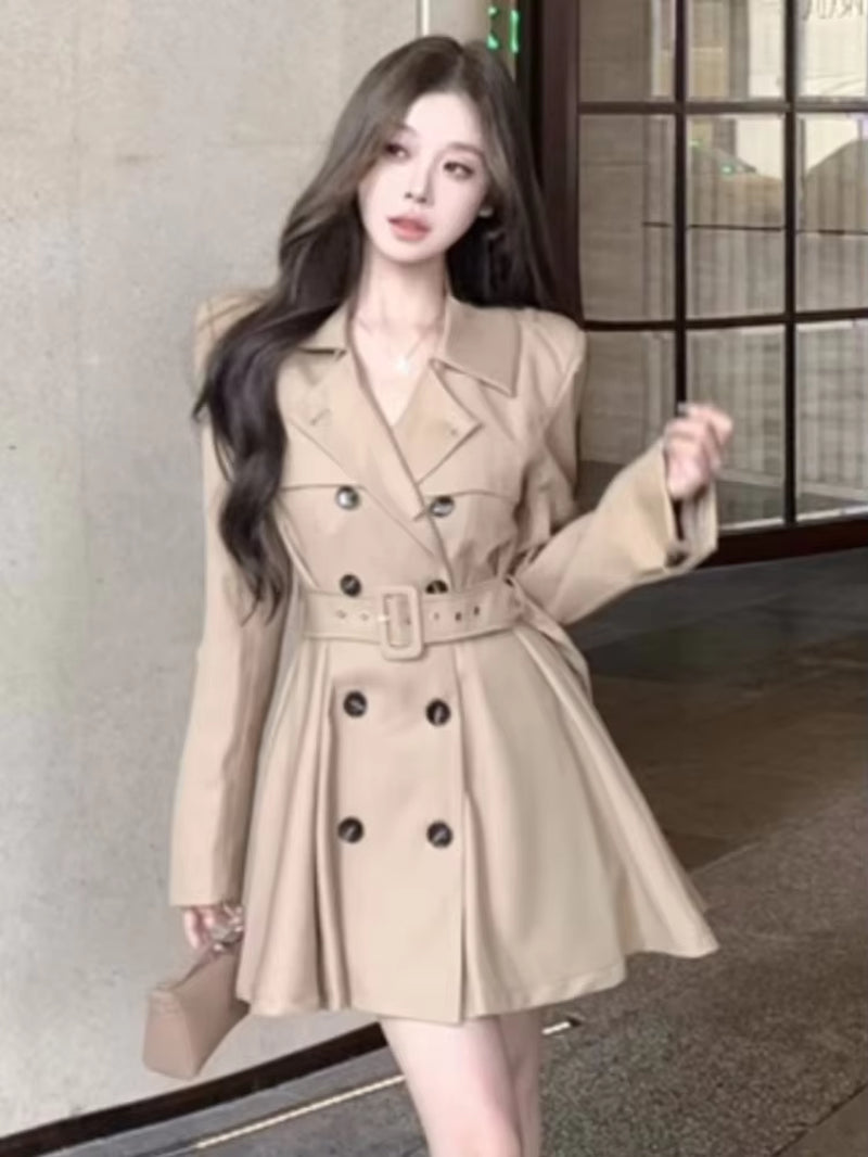 Autumn New Korean Chic Elegant Trench Coat Dresses for Women with Belt Turn-Down Collar Double Breasted Casual Female Clothing