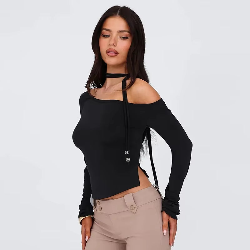 Autumn Winter One Shoulder Crop Top Outfits Long Sleeve T-Shirts Women Y2K Streetwear Backless Skinny Tee Shirt Femme Tops Gift