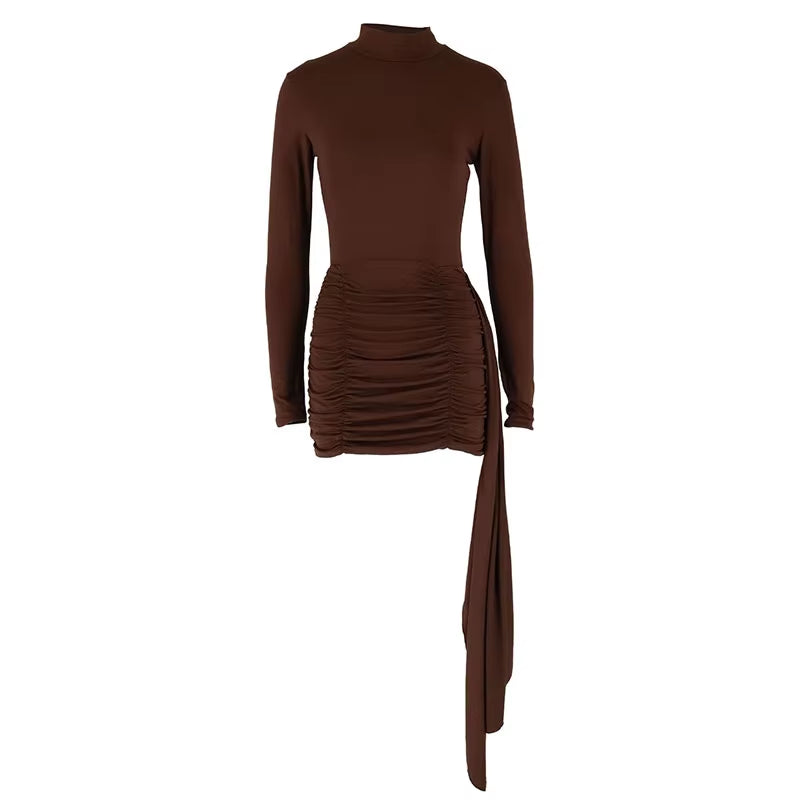 New Women'S Dresses Autumn Fashion Pleated Long Sleeves Casual Slim O-Neck Mini Dresses Solid Sexy Female Elegant Knitted Dress