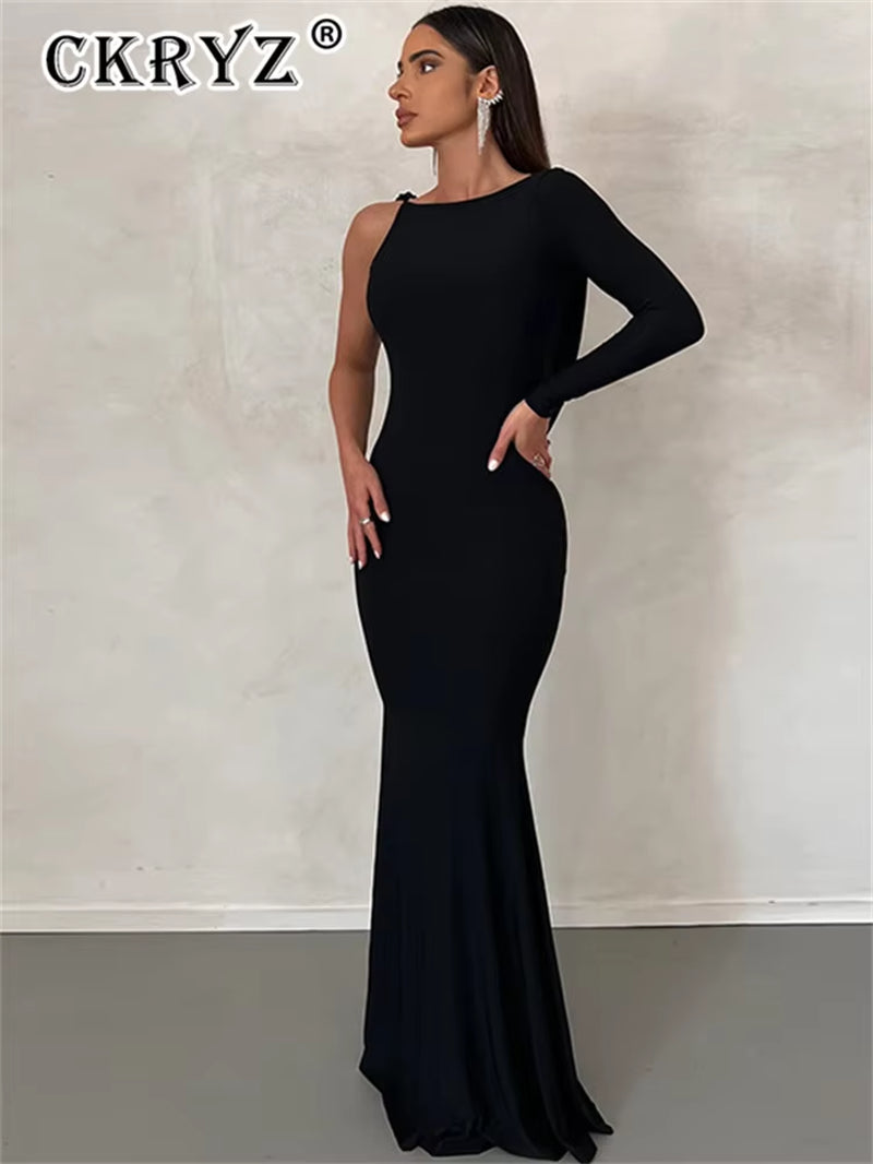 Ladies Elegant New Party Dresses Female One Shoulder Backless V-Neck Sexy Bodycon Maxi Dress Evening Party Club Women Outfits