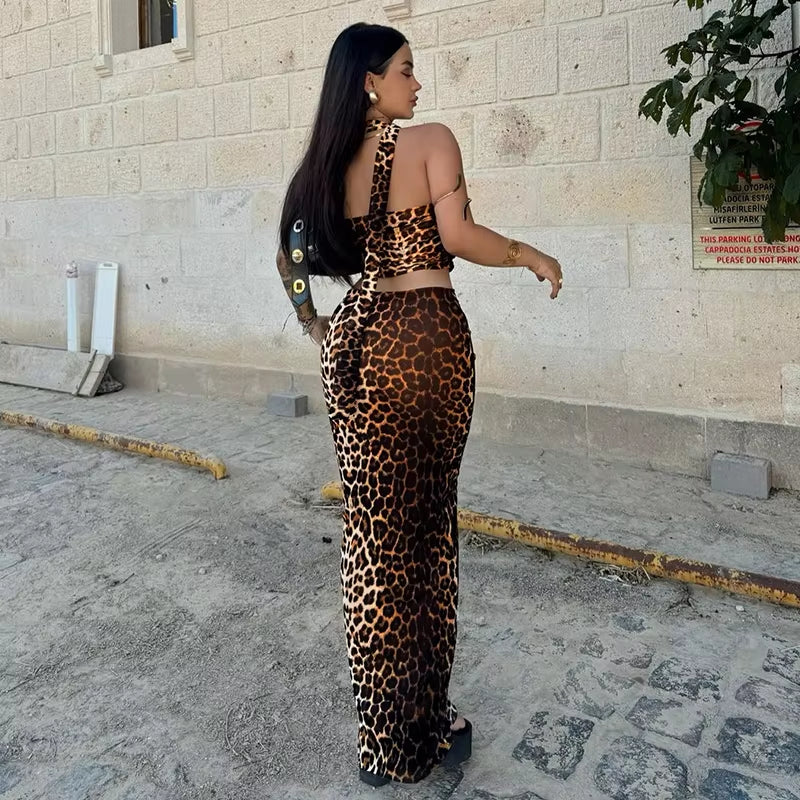 Women'S Tank Skirt 2 Piece Summer New Sexy Backless Leopard Streetwear Fashion Print Casual Slim Elegant Corset Skirt Clothing