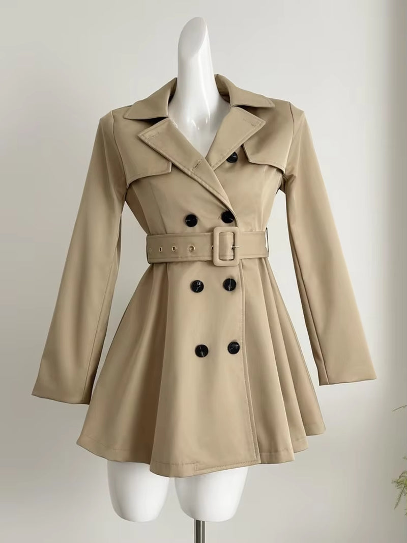 Autumn New Korean Chic Elegant Trench Coat Dresses for Women with Belt Turn-Down Collar Double Breasted Casual Female Clothing