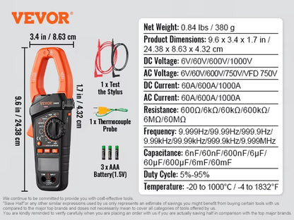 Digital Clamp Meter T-RMS 600A/1000A Clamp Multimeter Tester AC/DC Current & Voltage Resistance W/NCV for Home Appliance