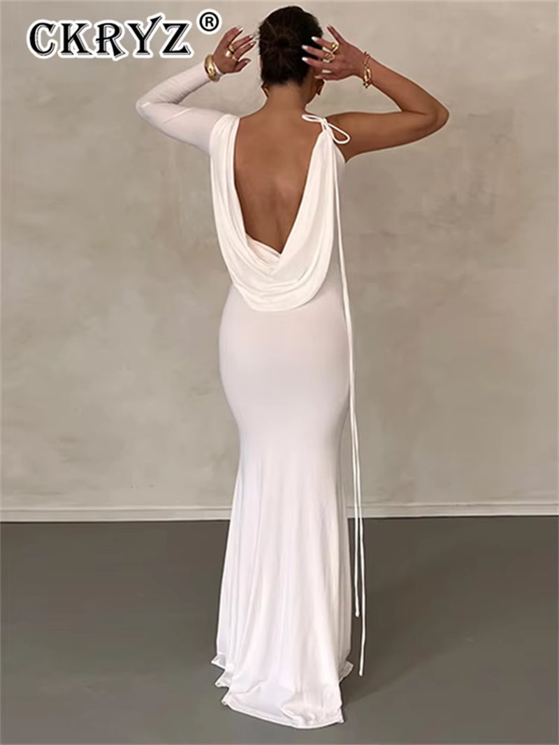 Ladies Elegant New Party Dresses Female One Shoulder Backless V-Neck Sexy Bodycon Maxi Dress Evening Party Club Women Outfits