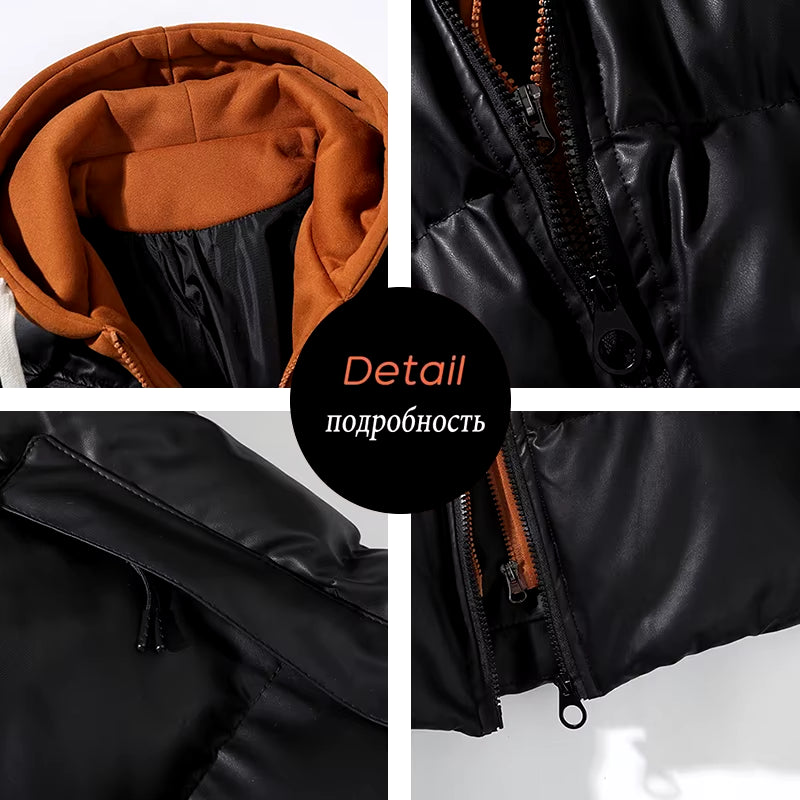 Winter Men Hooded Casual PU Leather Jackets Coat Man Thick Outdoor Puffer Parka Male Streetwear Oversize Bomber Jackets Overcoat