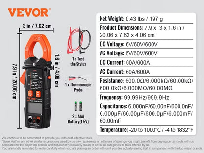 Digital Clamp Meter T-RMS 600A/1000A Clamp Multimeter Tester AC/DC Current & Voltage Resistance W/NCV for Home Appliance