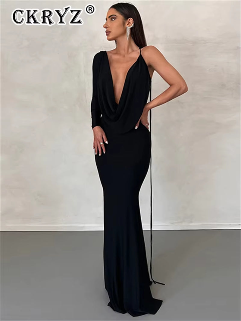 Ladies Elegant New Party Dresses Female One Shoulder Backless V-Neck Sexy Bodycon Maxi Dress Evening Party Club Women Outfits