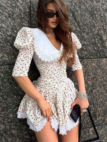 Summer Printed Patchwork Mini Dress Female V-Neck Short Sleeve Slim Fashion Elegant Party Dress Gown for Women Dress 2023