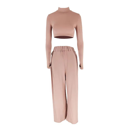 Autumn Winter Top Pants Solid 2 Piece Women New Streetwear Fashion Half High Collar Long Sleeves Tees Casual Slim Split Trousers