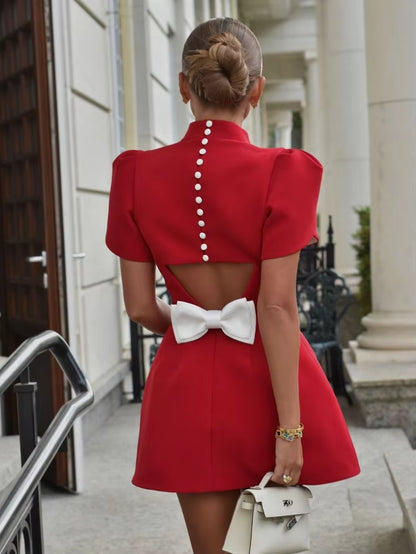 Fashion Back Bow Buttons Mini Dress for Women Fashion Backless O-Neck Short Sleeves A-Line Dresses 2024 Lady Elegant Party Robes