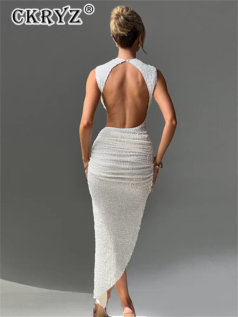 Ladies Elegant Evening Party Dress Women Sleeveless Backless Side Slit Bodycon Ruched Maxi Dresses Club Streetwear Fall Outfits