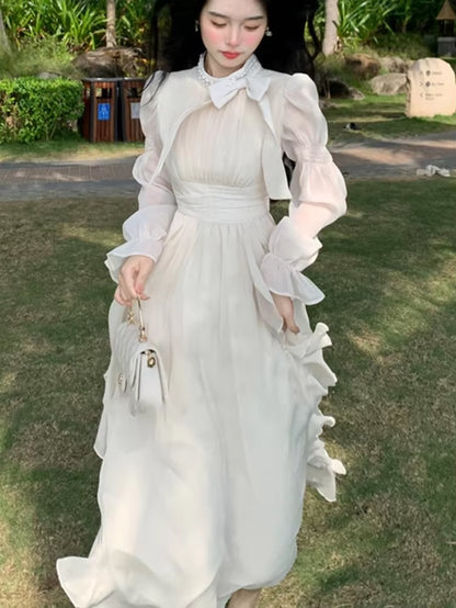 Autumn Princess Party Dress Chiffon Midi Dresses for Women O-Neck Bow Puff Sleeves High Waist Ruffles A-Line Vestidos Mujer New