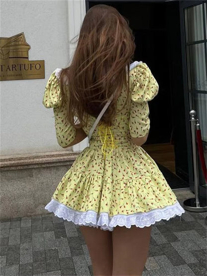 Summer Printed Patchwork Mini Dress Female V-Neck Short Sleeve Slim Fashion Elegant Party Dress Gown for Women Dress 2023