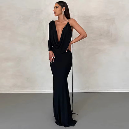 Ladies Elegant New Party Dresses Female One Shoulder Backless V-Neck Sexy Bodycon Maxi Dress Evening Party Club Women Outfits