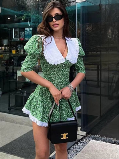 Summer Printed Patchwork Mini Dress Female V-Neck Short Sleeve Slim Fashion Elegant Party Dress Gown for Women Dress 2023