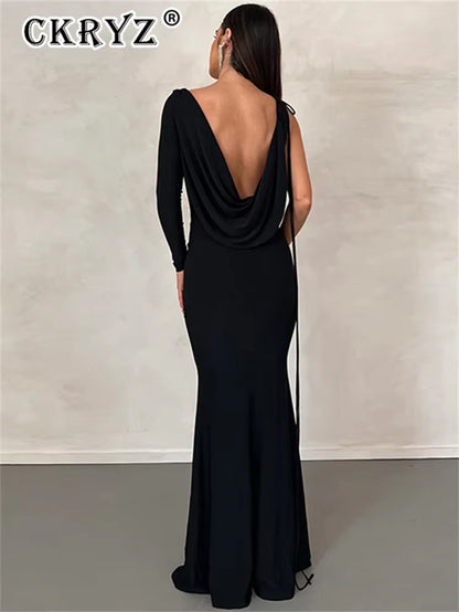 Ladies Elegant New Party Dresses Female One Shoulder Backless V-Neck Sexy Bodycon Maxi Dress Evening Party Club Women Outfits