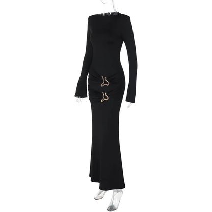 Sexy Long Sleeve Party Club Birthday Bodycon Ruched Y2K Maxi Dress Outfits Women Autumn Winter O Neck Evening Dresses Vestido