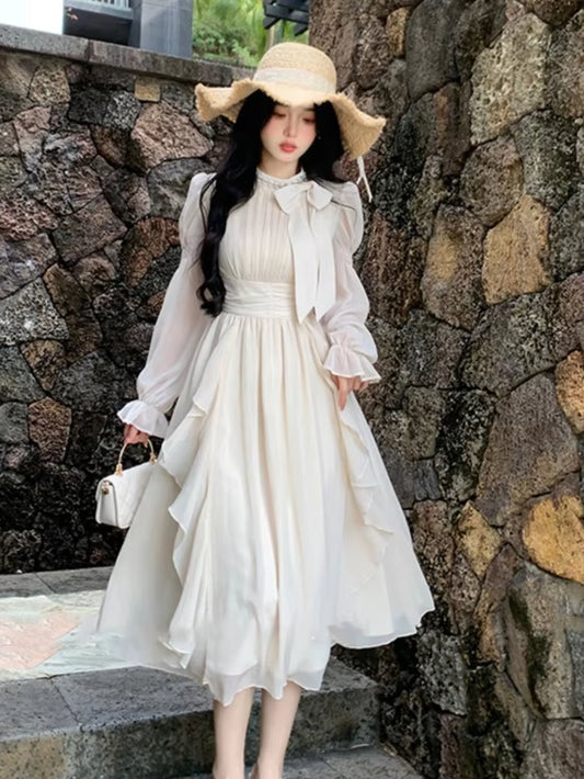 Autumn Princess Party Dress Chiffon Midi Dresses for Women O-Neck Bow Puff Sleeves High Waist Ruffles A-Line Vestidos Mujer New