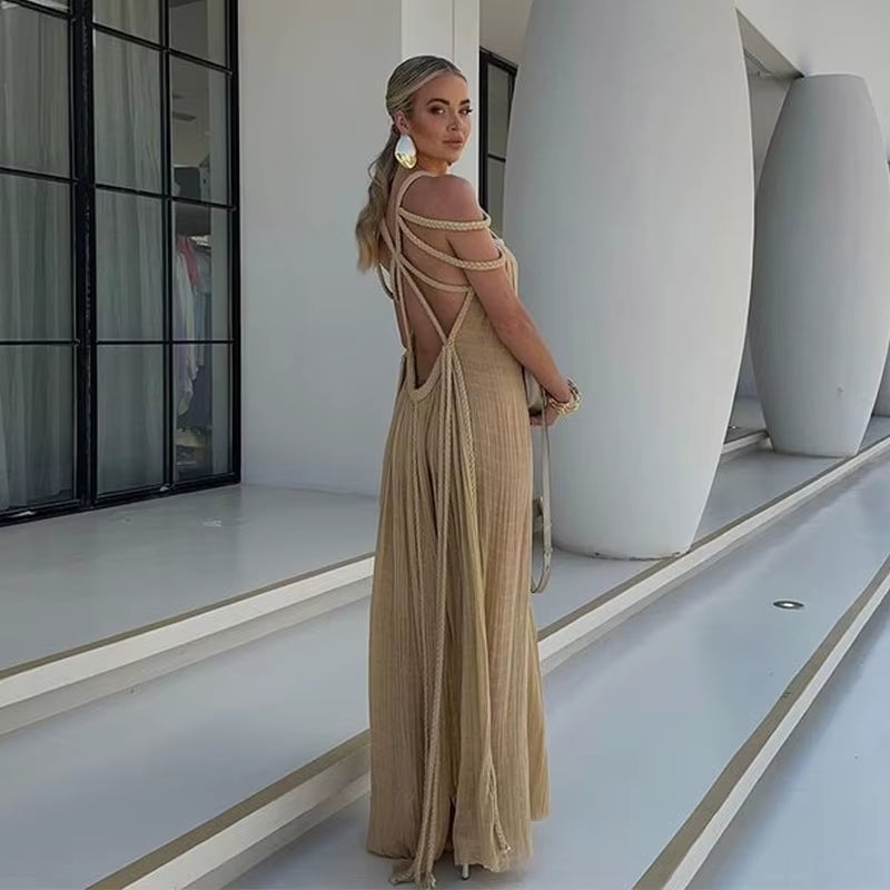 Chic Solid Hollow Out Spliced Maxi Dress for Women High Waist Sleeveless Bodycon Robe Female Evening Prom Party Vestidos