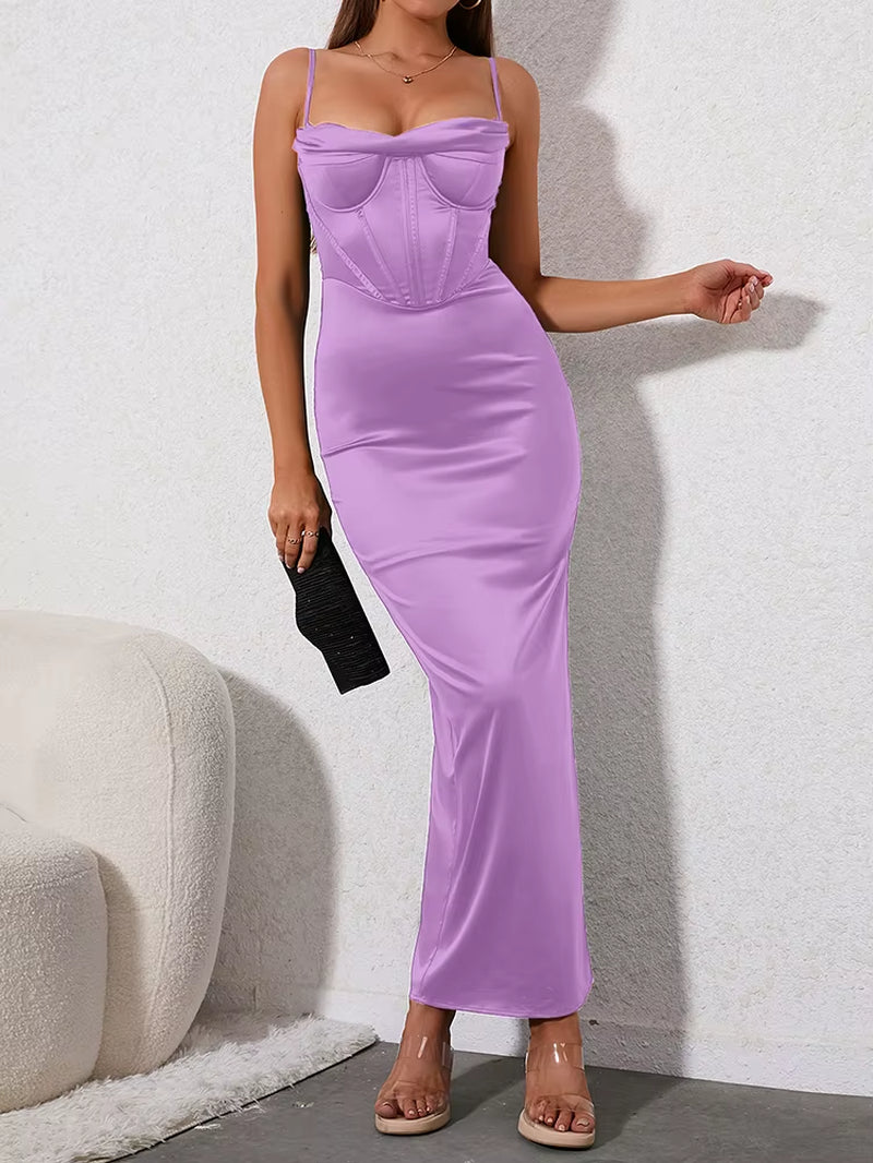 Newasia Satin Sling Dress Woman 2 Layer Lining Elastic Boned Underwire Split Cut Out Cowl Neck Bodycon Dresses Sexy Party Dress