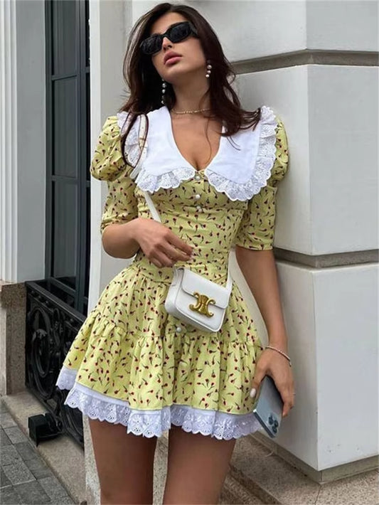 Summer Printed Patchwork Mini Dress Female V-Neck Short Sleeve Slim Fashion Elegant Party Dress Gown for Women Dress 2023